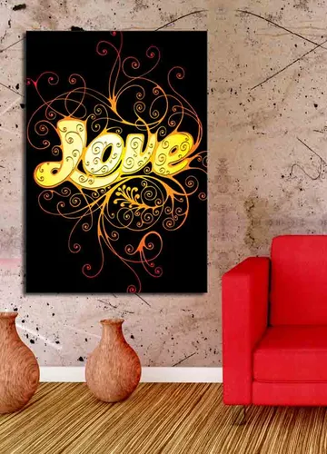 Canvastavla 70x100 cm - Färgglad och lekfull illustration av ordet Love med dekorativa spiraler - Gul / Orange / Röd - Inredning - Tavlor & konst - Canvastavlor