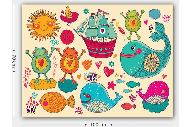 Canvastavla 70x100 cm - Färgglad och lekfull illustration med glada grodor, fiskar och ett fartyg i en fantasifull maritim miljö - Turkos / Orange / Rosa - Inredning - Tavlor & konst - Canvastavlor