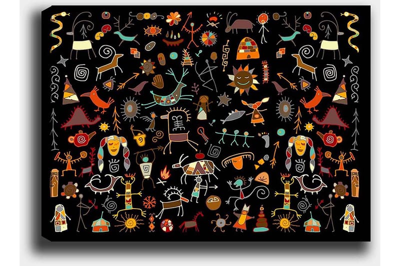 Canvastavla 70x100 cm - Färgglad och lekfull samling av symboler och figurer som representerar natur och kultur - Röd / Gul / Svart - Inredning - Tavlor & konst - Canvastavlor