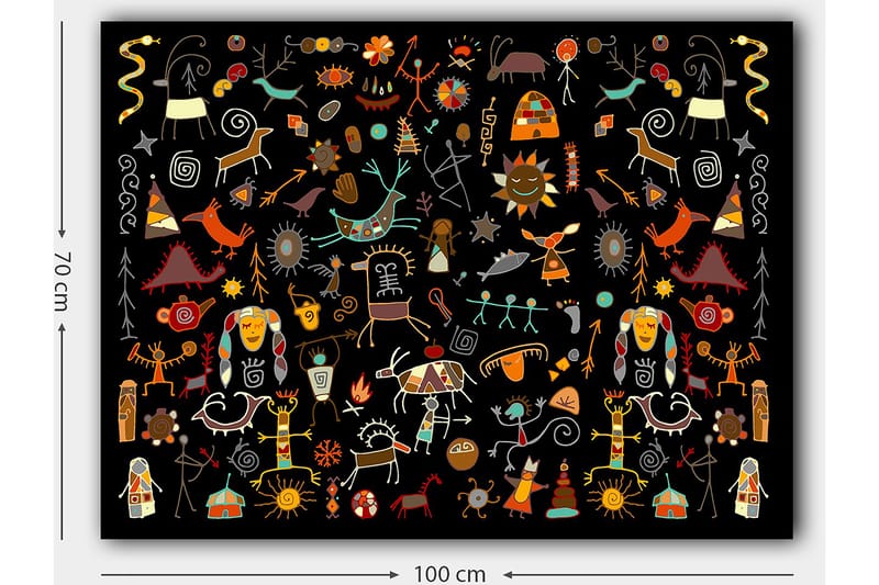 Canvastavla 70x100 cm - Färgglad och lekfull samling av symboler och figurer som representerar natur och kultur - Röd / Gul / Svart - Inredning - Tavlor & konst - Canvastavlor
