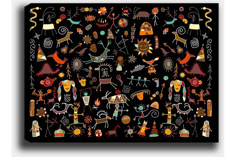 Canvastavla 70x100 cm - Färgglad och lekfull samling av symboler och figurer som representerar natur och kultur - Röd / Gul / Svart - Inredning - Tavlor & konst - Canvastavlor