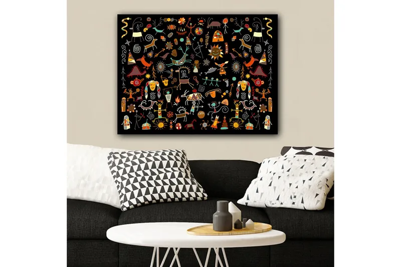 Canvastavla 70x100 cm - Färgglad och lekfull samling av symboler och figurer som representerar natur och kultur, Röd / Gul / Svart