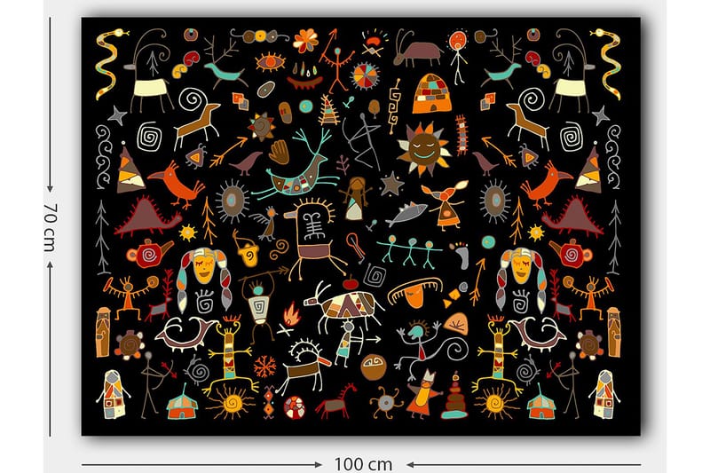 Canvastavla 70x100 cm - Färgglad och lekfull samling av symboler och figurer som representerar natur och kultur - Röd / Gul / Svart - Inredning - Tavlor & konst - Canvastavlor