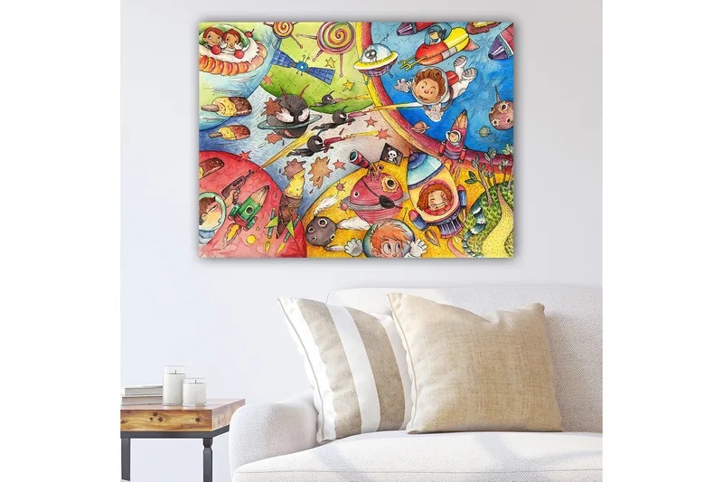 Canvastavla 70x100 cm - Färgglad och lekfull scen med barn som utforskar rymden och äter glass i en fantasifull miljö, Blå / Röd / Gul