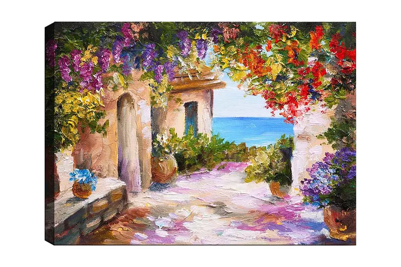 Canvastavla 70x100 cm - Färgglad och livlig gränd med blommor och havsutsikt, Lila / Grön / Röd