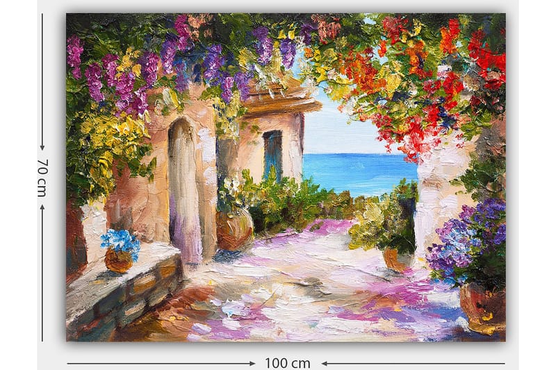 Canvastavla 70x100 cm - Färgglad och livlig gränd med blommor och havsutsikt - Lila / Grön / Röd - Inredning - Tavlor & konst - Canvastavlor
