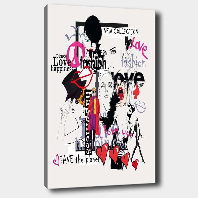 Canvastavla 70x100 cm - Färgglad och modern collage av modeikoner och uttryck för kärlek och fred, Rosa / Svart / Röd