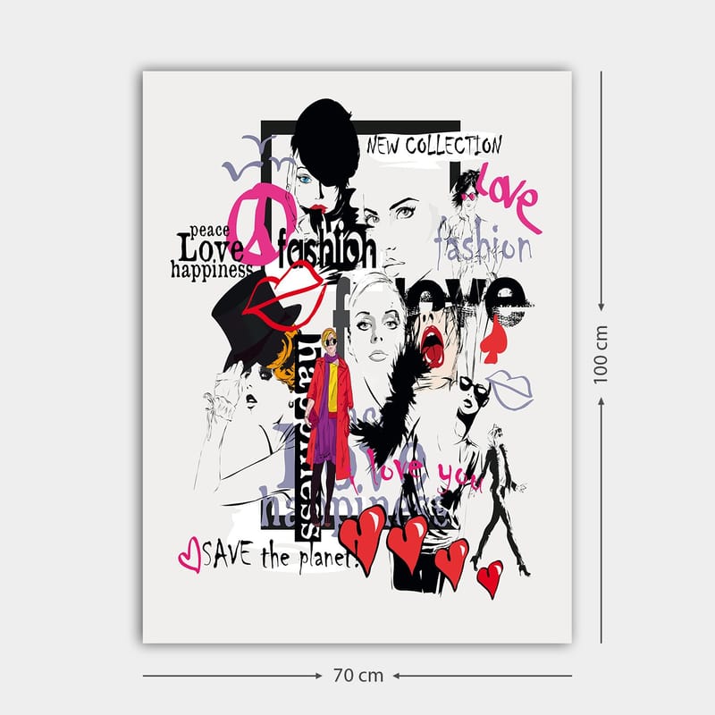 Canvastavla 70x100 cm - Färgglad och modern collage av modeikoner och uttryck för kärlek och fred - Rosa / Svart / Röd - Inredning - Tavlor & konst - Canvastavlor
