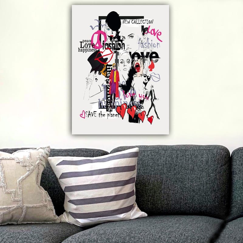 Canvastavla 70x100 cm - Färgglad och modern collage av modeikoner och uttryck för kärlek och fred - Rosa / Svart / Röd - Inredning - Tavlor & konst - Canvastavlor