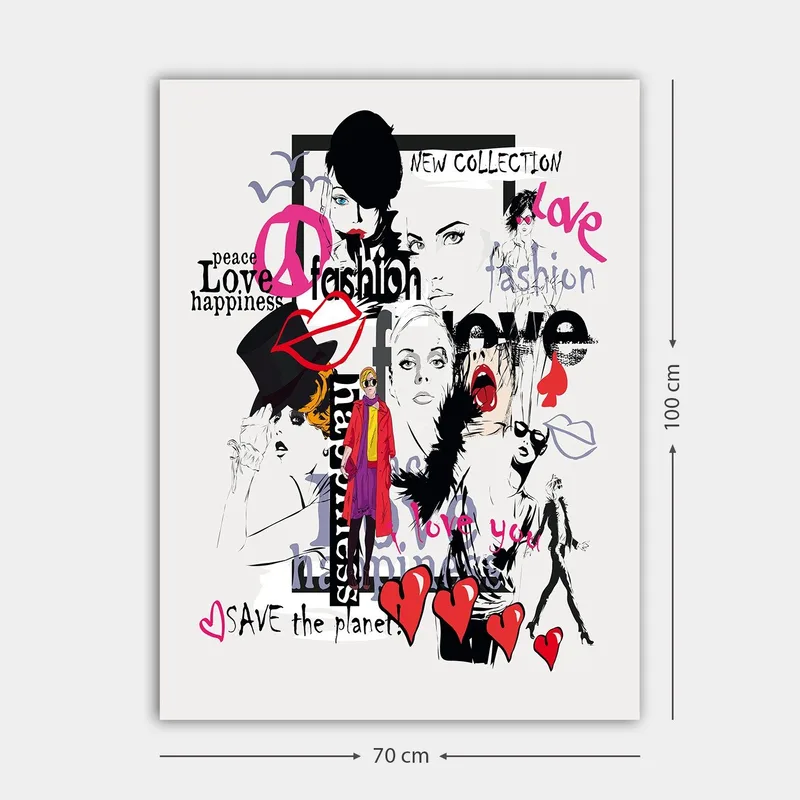 Canvastavla 70x100 cm - Färgglad och modern collage av modeikoner och uttryck för kärlek och fred - Rosa / Svart / Röd - Inredning - Tavlor & konst - Canvastavlor