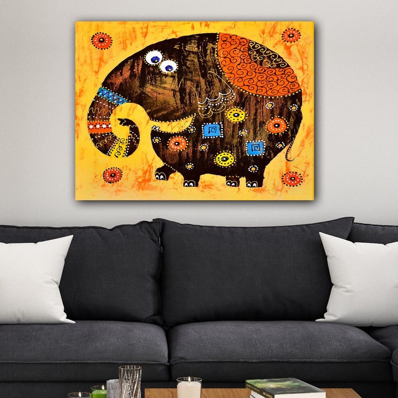 Canvastavla 70x100 cm - Färgglad och stiliserad elefant med mönster och detaljer - Mörkbrun / Orange / Gul - Inredning - Tavlor & konst - Canvastavlor