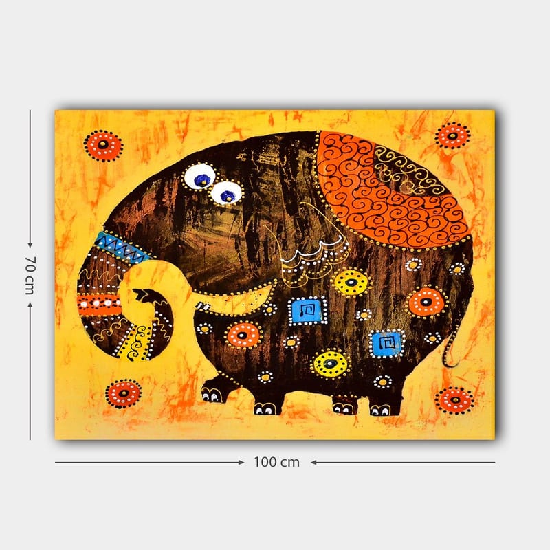 Canvastavla 70x100 cm - Färgglad och stiliserad elefant med mönster och detaljer - Mörkbrun / Orange / Gul - Inredning - Tavlor & konst - Canvastavlor