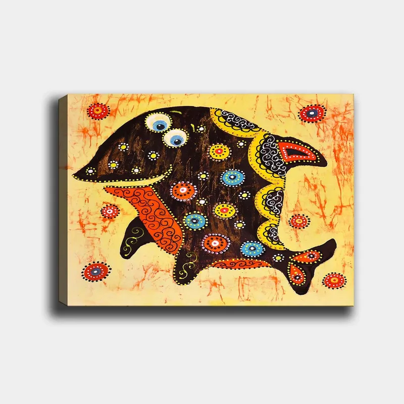 Canvastavla 70x100 cm - Färgglad och stiliserad fisk med mönster och detaljer i olika färger - Svart / Orange / Gul - Inredning - Tavlor & konst - Canvastavlor