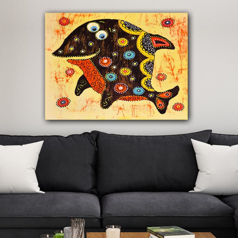 Canvastavla 70x100 cm - Färgglad och stiliserad fisk med mönster och detaljer i olika färger - Svart / Orange / Gul - Inredning - Tavlor & konst - Canvastavlor