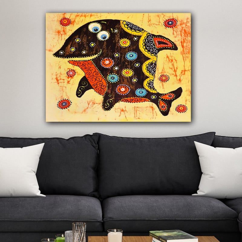 Canvastavla 70x100 cm - Färgglad och stiliserad fisk med mönster och detaljer i olika färger - Svart / Orange / Gul - Inredning - Tavlor & konst - Canvastavlor