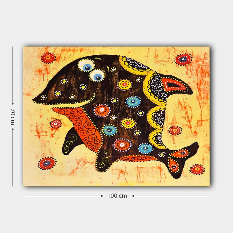Canvastavla 70x100 cm - Färgglad och stiliserad fisk med mönster och detaljer i olika färger - Svart / Orange / Gul - Inredning - Tavlor & konst - Canvastavlor
