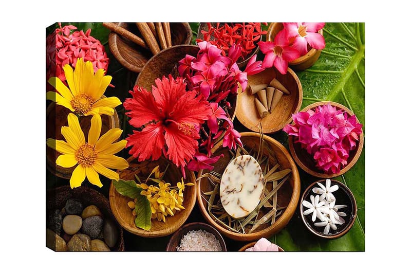 Canvastavla 70x100 cm - Färgglad samling av blommor och naturliga element i skålar, Röd / Gul / Rosa