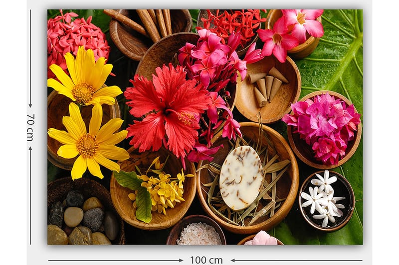 Canvastavla 70x100 cm - Färgglad samling av blommor och naturliga element i skålar - Röd / Gul / Rosa - Inredning - Tavlor & konst - Canvastavlor