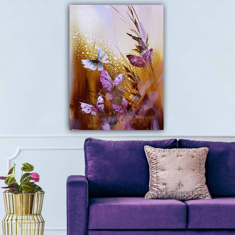 Canvastavla 70x100 cm - Färgglad samling av fjärilar i en naturmiljö - Lila / Blå / Guldbrun - Inredning - Tavlor & konst - Canvastavlor