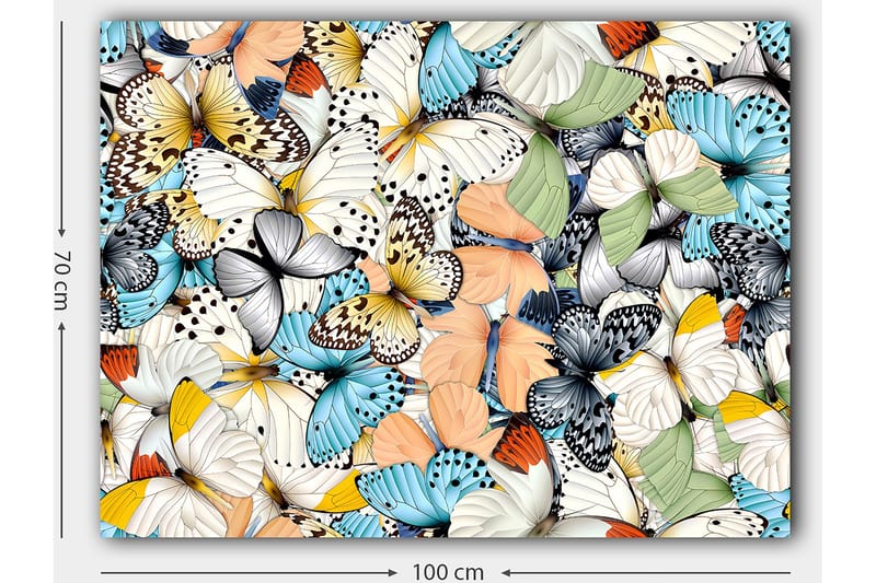 Canvastavla 70x100 cm - Färgglad samling av fjärilar i olika mönster och färger - Blå / Vit / Orange - Inredning - Tavlor & konst - Canvastavlor