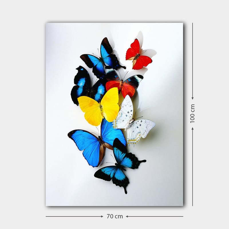 Canvastavla 70x100 cm - Färgglad samling av fjärilar i olika nyanser som skapar en livfull och dynamisk komposition - Blå / Gul / Röd - Inredning - Tavlor & konst - Canvastavlor