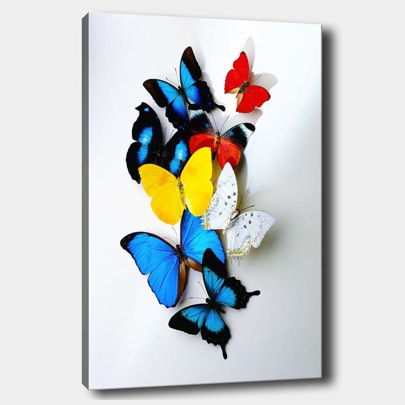 Canvastavla 70x100 cm - Färgglad samling av fjärilar i olika nyanser som skapar en livfull och dynamisk komposition, Blå / Gul / Röd