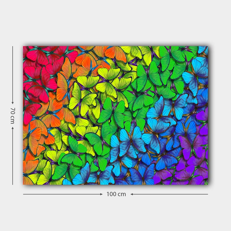 Canvastavla 70x100 cm - Färgglad samling av fjärilar i olika nyanser som skapar en livfull och harmonisk komposition - Grön / Blå / Orange - Inredning - Tavlor & konst - Canvastavlor