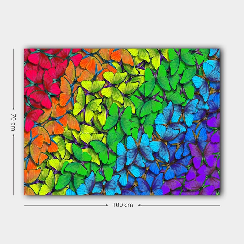Canvastavla 70x100 cm - Färgglad samling av fjärilar i olika nyanser som skapar en livfull och harmonisk komposition - Grön / Blå / Orange - Inredning - Tavlor & konst - Canvastavlor
