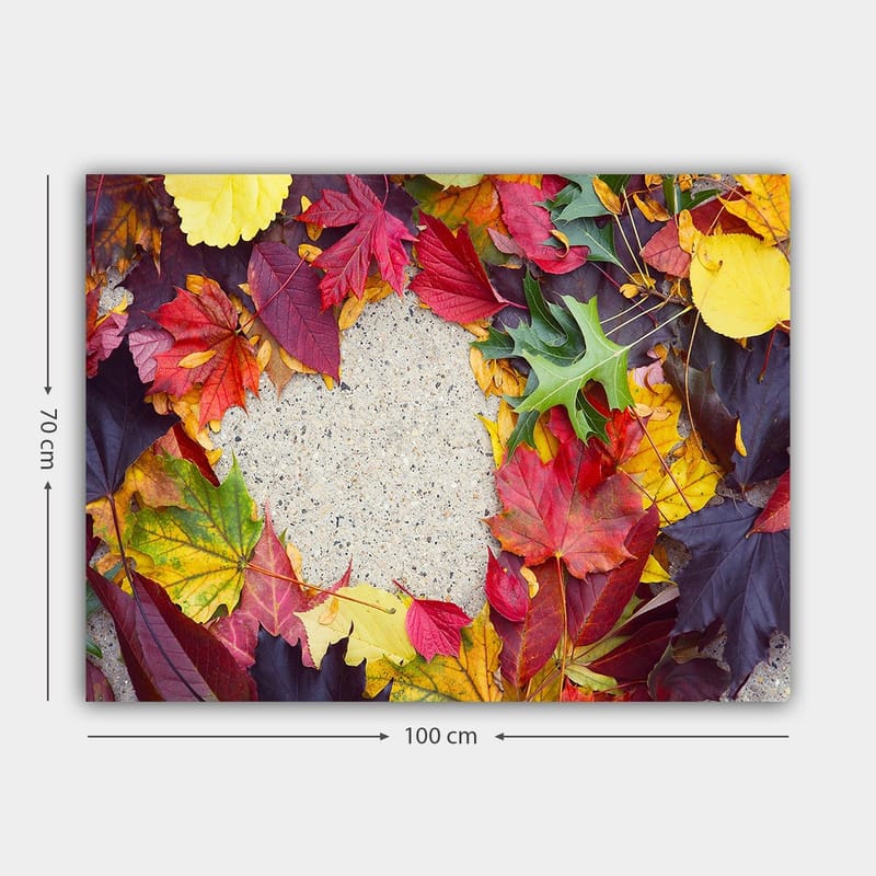 Canvastavla 70x100 cm - Färgglad samling av höstlöv i olika nyanser som omger en grå yta - Röd / Gul / Grön - Inredning - Tavlor & konst - Canvastavlor