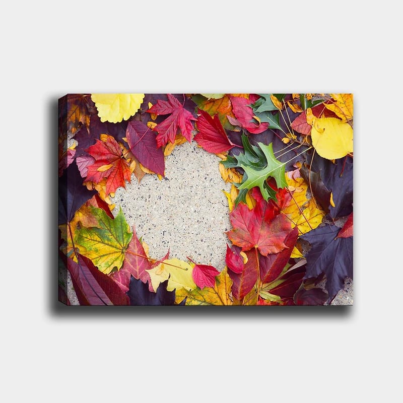 Canvastavla 70x100 cm - Färgglad samling av höstlöv i olika nyanser som omger en grå yta - Röd / Gul / Grön - Inredning - Tavlor & konst - Canvastavlor