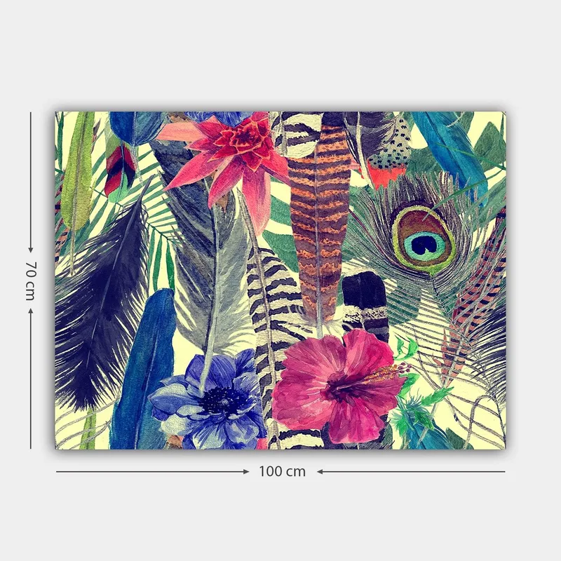 Canvastavla 70x100 cm - Färgglad samling av tropiska blommor och fjädrar - Grön / Rosa / Blå - Inredning - Tavlor & konst - Canvastavlor
