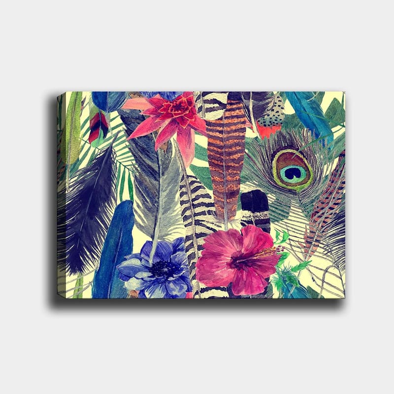 Canvastavla 70x100 cm - Färgglad samling av tropiska blommor och fjädrar - Grön / Rosa / Blå - Inredning - Tavlor & konst - Canvastavlor