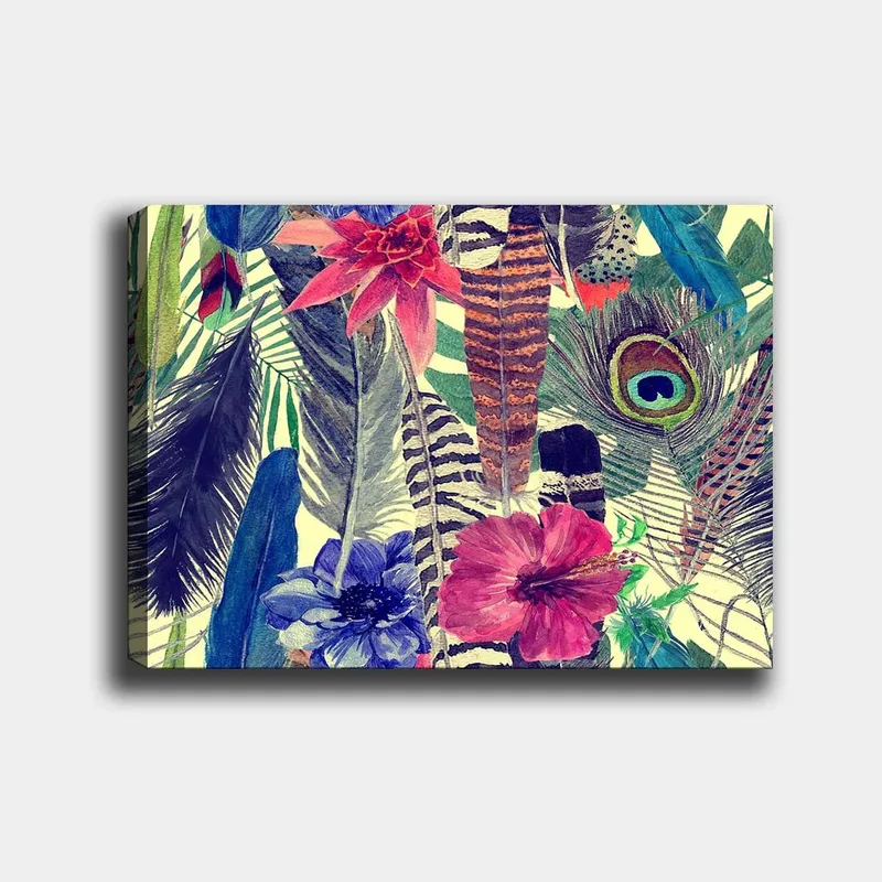 Canvastavla 70x100 cm - Färgglad samling av tropiska blommor och fjädrar, Grön / Rosa / Blå