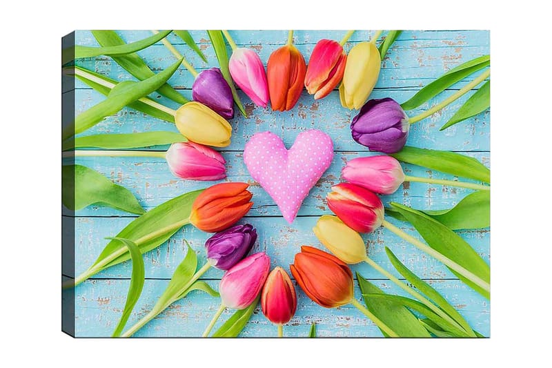 Canvastavla 70x100 cm - Färgglad samling av tulpaner i form av ett hjärta med en rosa prydnad i mitten, Rosa / Lila / Orange