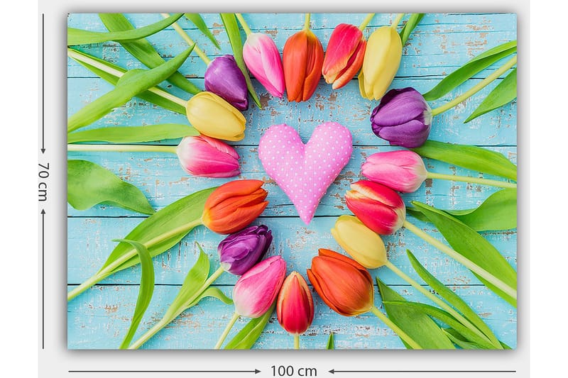 Canvastavla 70x100 cm - Färgglad samling av tulpaner i form av ett hjärta med en rosa prydnad i mitten - Rosa / Lila / Orange - Inredning - Tavlor & konst - Canvastavlor