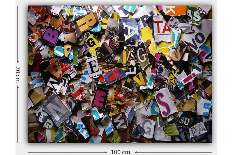 Canvastavla 70x100 cm - Färgglad samling av utskurna bokstäver och ord i olika typsnitt och storlekar - Gul / Röd / Blå - Inredning - Tavlor & konst - Canvastavlor