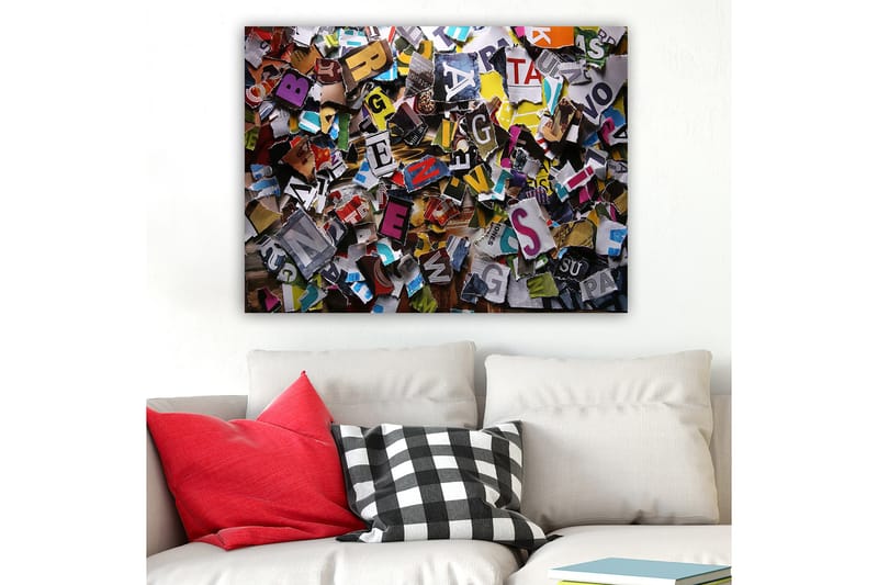 Canvastavla 70x100 cm - Färgglad samling av utskurna bokstäver och ord i olika typsnitt och storlekar - Gul / Röd / Blå - Inredning - Tavlor & konst - Canvastavlor