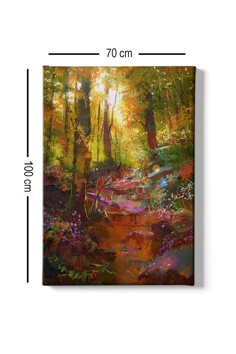 Canvastavla 70x100 cm - Färgglad skogsscen med en slingrande stig och blommor som blomstrar i ljuset - Grön / Orange / Lila - Inredning - Tavlor & konst - Canvastavlor