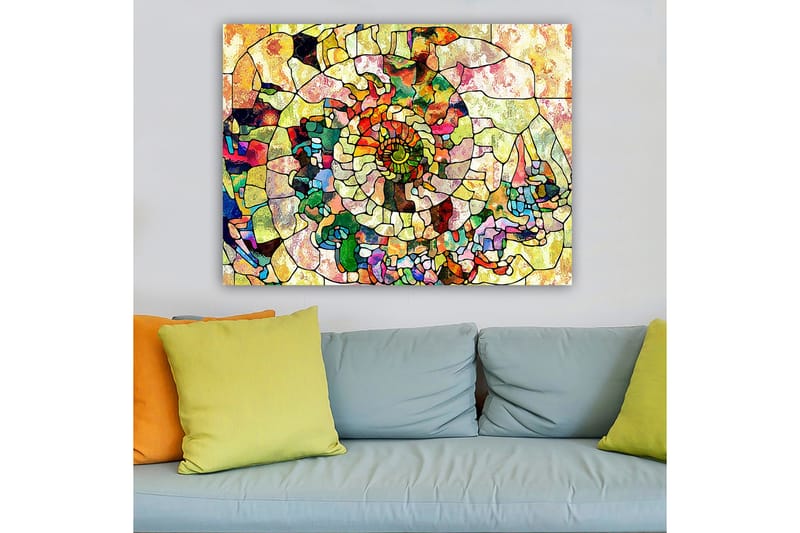 Canvastavla 70x100 cm - Färgglad snäcka med geometriska mönster och spiralformade detaljer - Grön / Röd / Gul - Inredning - Tavlor & konst - Canvastavlor