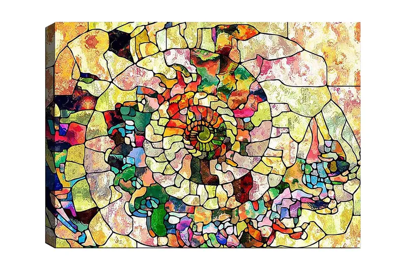 Canvastavla 70x100 cm - Färgglad snäcka med geometriska mönster och spiralformade detaljer - Grön / Röd / Gul - Inredning - Tavlor & konst - Canvastavlor
