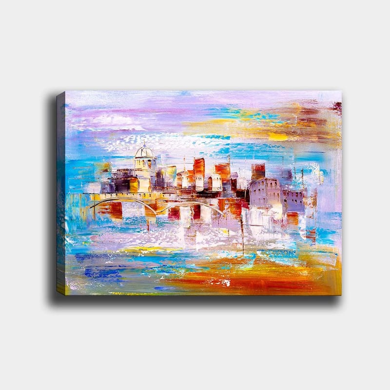 Canvastavla 70x100 cm - Färgglad stadsbild med en bro som sträcker sig över en vattenyta - Blå / Orange / Lila - Inredning - Tavlor & konst - Canvastavlor