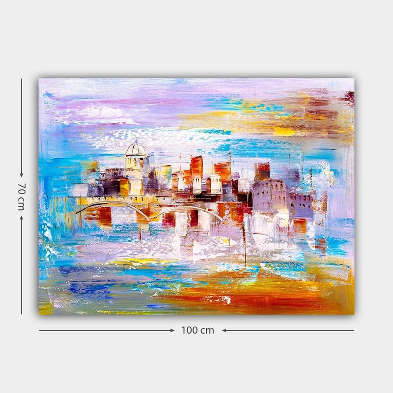 Canvastavla 70x100 cm - Färgglad stadsbild med en bro som sträcker sig över en vattenyta - Blå / Orange / Lila - Inredning - Tavlor & konst - Canvastavlor