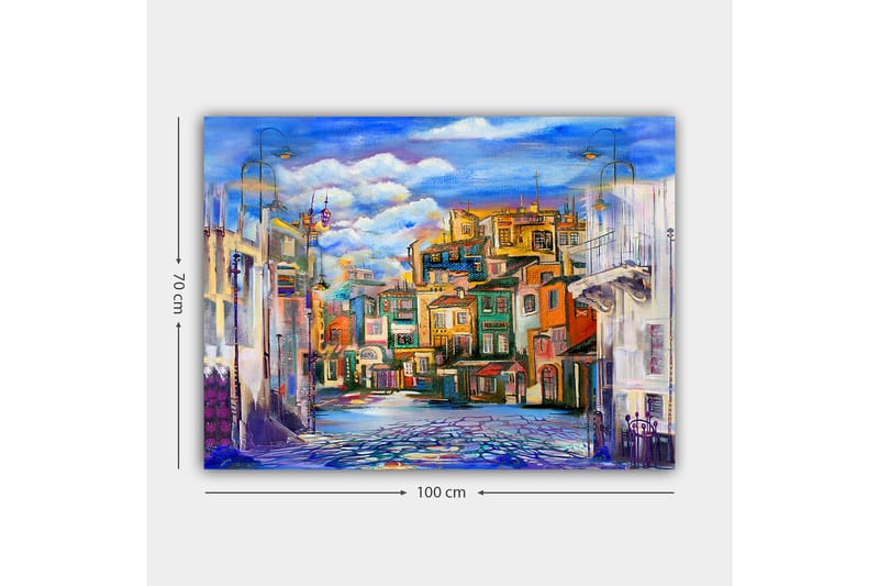 Canvastavla 70x100 cm - Färgglad stadsbild med hus i olika nyanser och en klar himmel - Blå / Grön / Orange - Inredning - Tavlor & konst - Canvastavlor