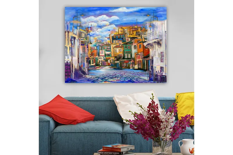 Canvastavla 70x100 cm - Färgglad stadsbild med hus i olika nyanser och en klar himmel - Blå / Grön / Orange - Inredning - Tavlor & konst - Canvastavlor