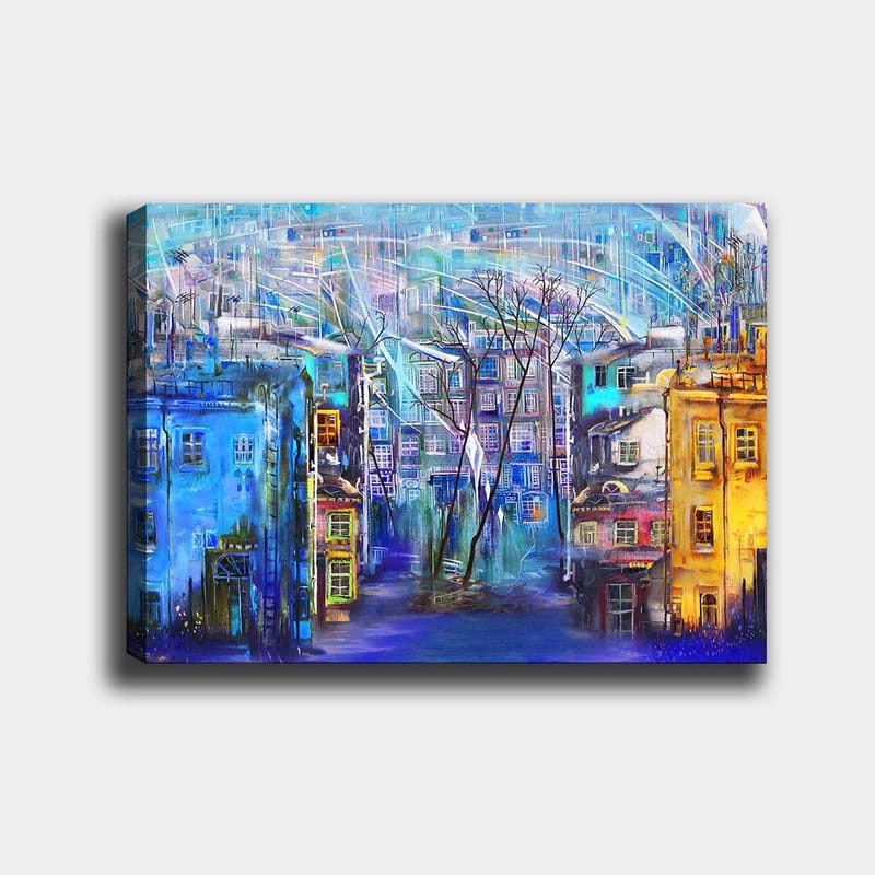 Canvastavla 70x100 cm - Färgglad stadsbild med hus i olika nyanser och träd under en regnig himmel - Blå / Gul / Lila - Inredning - Tavlor & konst - Canvastavlor