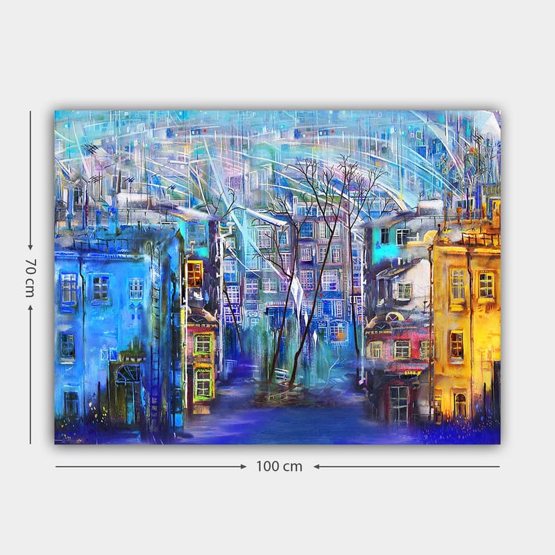 Canvastavla 70x100 cm - Färgglad stadsbild med hus i olika nyanser och träd under en regnig himmel - Blå / Gul / Lila - Inredning - Tavlor & konst - Canvastavlor