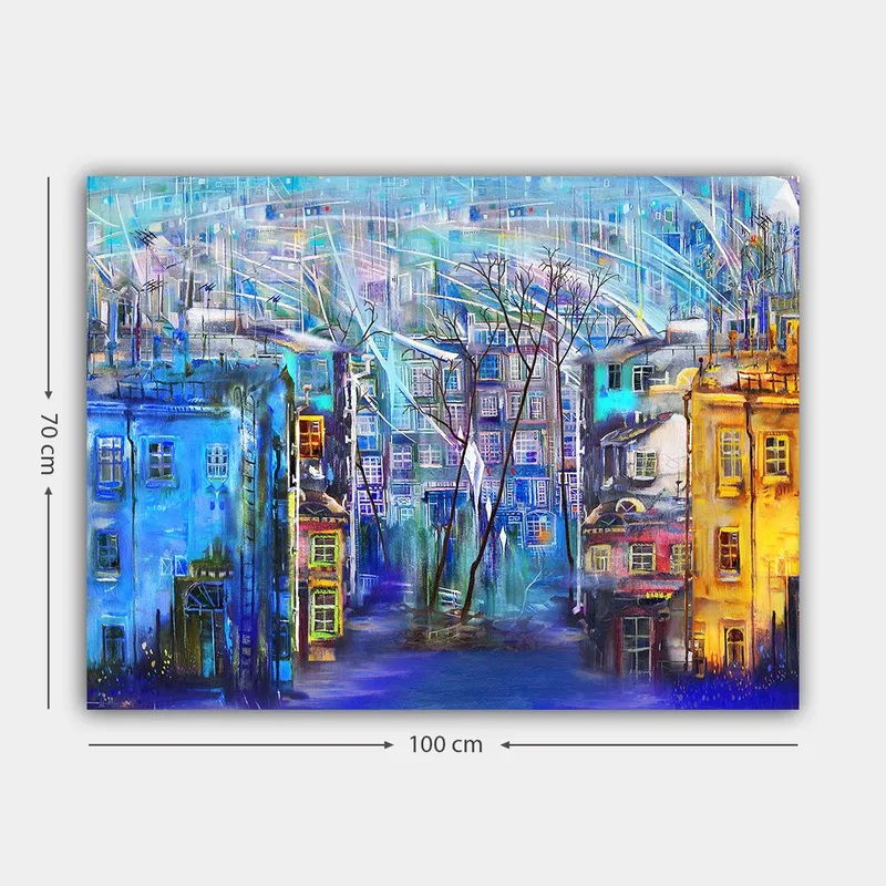 Canvastavla 70x100 cm - Färgglad stadsbild med hus i olika nyanser och träd under en regnig himmel - Blå / Gul / Lila - Inredning - Tavlor & konst - Canvastavlor