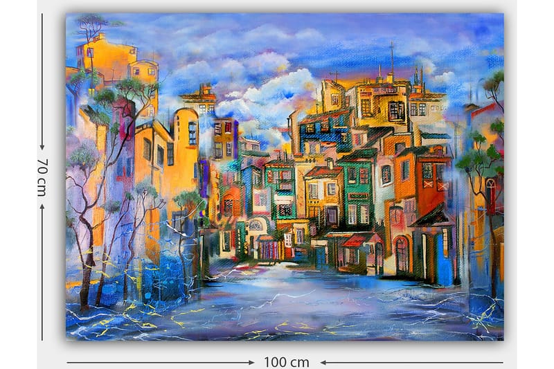 Canvastavla 70x100 cm - Färgglad stadsbild med hus i olika nyanser som skapar en livlig atmosfär - Gult / Grönt / Blått - Inredning - Tavlor & konst - Canvastavlor