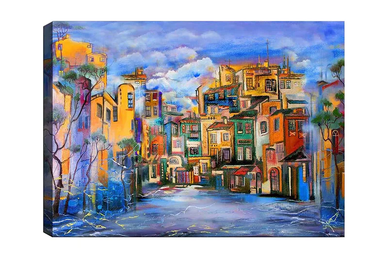 Canvastavla 70x100 cm - Färgglad stadsbild med hus i olika nyanser som skapar en livlig atmosfär, Gult / Grönt / Blått