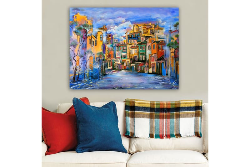 Canvastavla 70x100 cm - Färgglad stadsbild med hus i olika nyanser som skapar en livlig atmosfär - Gult / Grönt / Blått - Inredning - Tavlor & konst - Canvastavlor